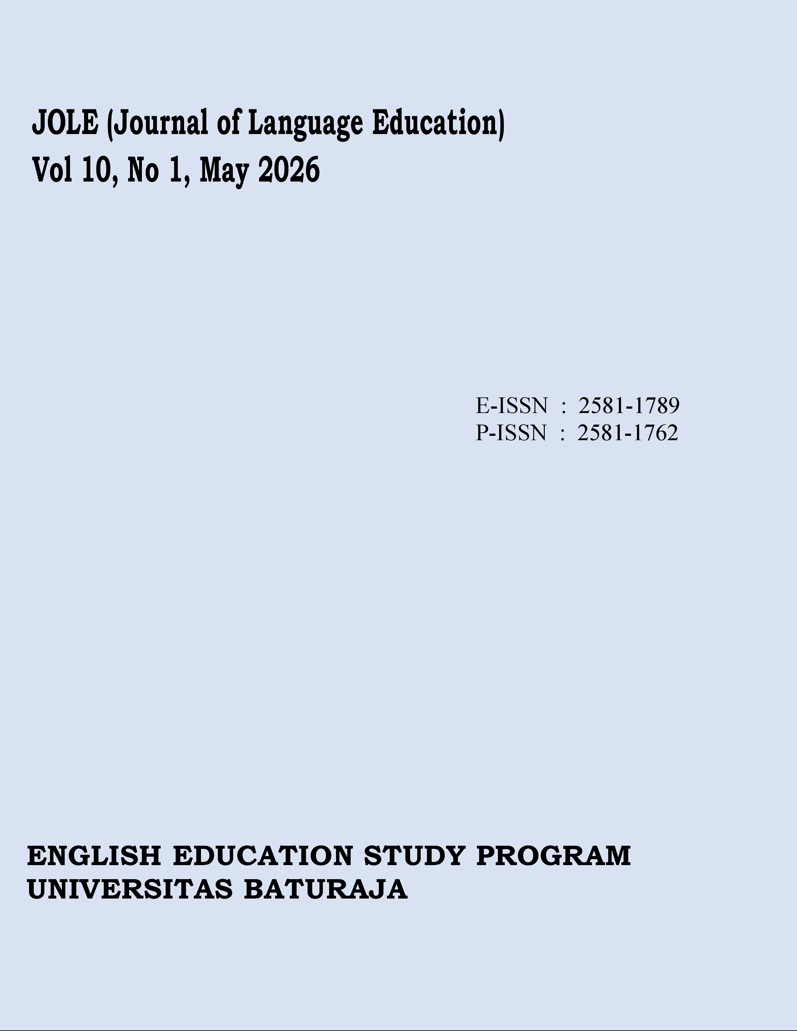 					View Vol. 10 No. 1 (2026):  JOLE (Journal of Language Education)
				